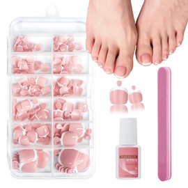 Pink French False Toenail - 120PCS Square Toe Nail Press on Nail Kit - 12 Sizes Full Cover Glue On Fake Toe Nails - Stick on Toenails for Women French Nail Art Manicure