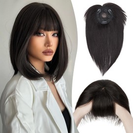 S-noilite Topper for Women Real Hair with Fringe 150% Density Toupee Hairpiece Real Hair Women's Hair Thickening for Thin Hair Mono Base 50 cm - 47 g #1B Natural Black