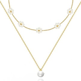 Stunning Pearl Necklaces for Women - 14K Gold Plated, Dainty Layered with Daisy Pearl Choker - Perfect Gifts