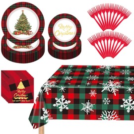 G GENLEAS Christmas Dinnerware Set, Disposable Checkered Christmas Paper Plates Napkins Forks and Tablecloth，Christmas Party Supplies for Holiday, Serves 20（Red Plaid）