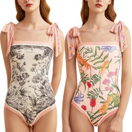 AUTOWT Trajes de Baño de Una Sola Pieza para Mujer - Traje de Baño Reversible con Lazo Floral en los Hombros, Bañador con Cuello Cuadrado y Control de Abdomen para Playa, Surf y Natación