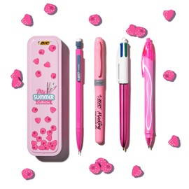BIC My Summer Collection Pink Pen Set in Metal Box: 1 Ballpoint Pen, 1 Highlighter, 1 Rollerball Pen and 1 Mechanical Pencil