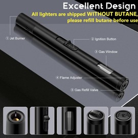LcFun 2 Pack Torch Lighters Refillable Butane Lighter with Visible Fuel Window, Windproof Adjustable Jet Flame Long Lighters for Candle, Grill, BBQ, Camping, Fireworks (Butane NOT Included)