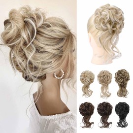 Messy Bun Hair Piece, Tousled Updo Elastic Hair Bun Hair Piece for Women Synthetic Messy Hair Bun Donut Accessories Scrunchies - Ash Blonde with Highlights