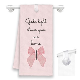 Xmsaitar Pink Christian Coquette Bow Kitchen Towels, Bible Verse God's Light Shines Upon Our Home Hand Towels for Bathroom Girly Room,Preppy Dish Towels Decor for Dorm 16x24in with A Towel Clip