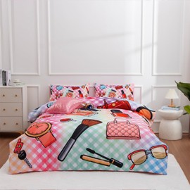 Aimuan Fashion Girl Comforter Sets Cosmetic Perfume Bag Lipstick Diva Pink Quilt Set Nail Polish Pattern Decorative Quilted 6 Pcs Makeup Bedding Set with 2 Pillowcases (Rainbow, Twin 6Pcs)