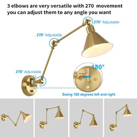 TRLIFE Wall Sconces Plug in, Dimmable Wall Sconces Brushed Brass Swing Arm Wall Lights Plug in Wall Mounted Light Industrial Wall Lights with 6FT Plug in Cord, E26 Base, UL Listed(2 Pack, 2 Bulbs)