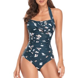 Smismivo Traje de baño de una pieza con control de barriga, estilo vintage, retro, para mujer, Verde oscuro floral, S