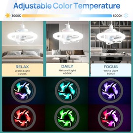 VANLUDA Socket Fan Light,11 Inches E26/E27 Ceiling Fan with Light Dimmable+RGB Atmosphere Lighting,360°Rotation Light Socket Fan 3 Speeds Fan Light for Bedroom,Living Room,Dining Room