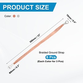 sourcing map 6Pcs Braided Ground Strap 12" x 0.35" Tinned Copper and Copper Universal Automotive Flexible Bare Flat Ground Strap Connectors with Terminal Plugs for Most Car Vehicle