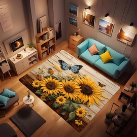 Area Rug,Butterfly Sunflower on Wooden Board Non Slip Mat Area Rug Runners Floor Carpet for Kitchen Bedroom Living Room Children's Room Decoration,Farmhouse Decor 24x36inch