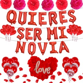Red 16" Quieres Ser Mi Novia Balloons Letters Set- 10Pcs Heart Balloons, LOVE Alphabet Foil Mylar Balloons with 1000 Pcs Artificial Rose Petals for Valentines Day Decorations