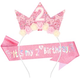 SuPoo 2nd Birthday Sash and Headband Flower 2nd Birthday Decorations for Girl Pink Bow Crown for Girls 2 Sash Princess Tiara Glitter Hair Band 2 Year Old Party Decorations Outfit Gift