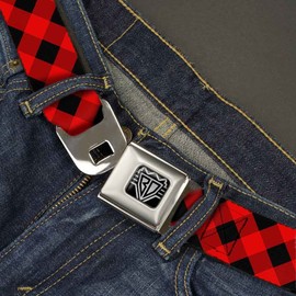 Buckle-Down Seatbelt Belt - Diagonal Buffalo Plaid Black/Red - 1.5" Wide - 24-38 Inches in Length