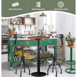 LOKKHAN Set of 2 Rustic Industrial Bar Stool-24-30 Tall Adjustable Metal Swivel Wooden Top Barstools-Counter Height Bar Height-Vintage Farmhouse Kitchen Breakfast Cafe Stool-with Backrest