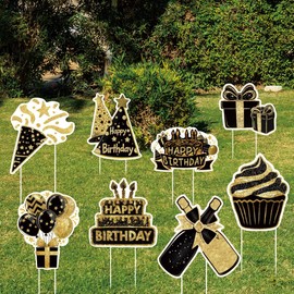 SUPERDANT 8 Pcs Happy Birthday Sign with 16 Stakes Decorative Garden Stakes Birthday Party Decorations Spring Yard Sign Yard Art Garden Stake for Patio Outdoor Decorations