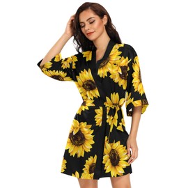 Women's Kimono Robes Sunflower Short Satin Bathrobe Soft Skin-friendly Sleepwear V-Neck Loungewear,Small
