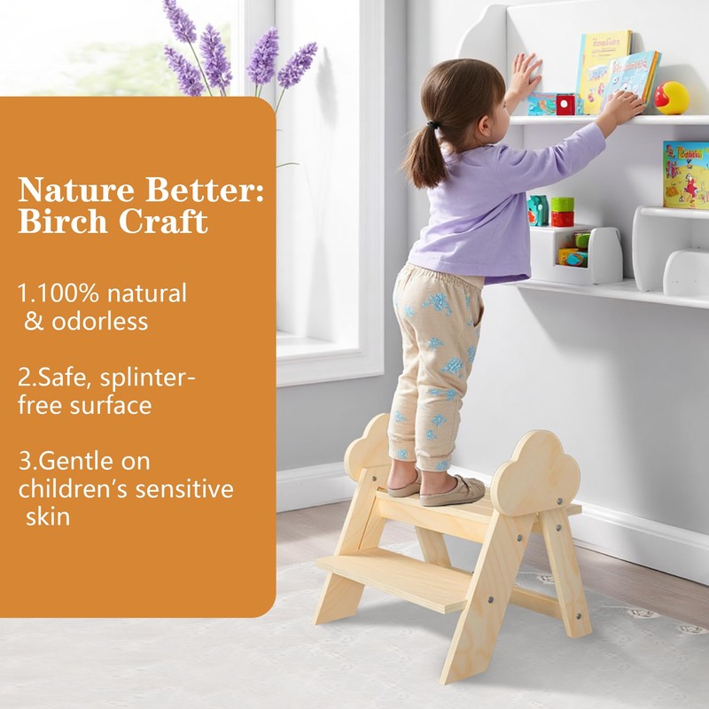 TinyHaven Wooden Toddler Step Stool, 2-Step Foldable Stool for Kids