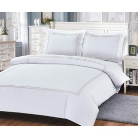 Violet Linen French Hotel Border Pattern, Luxury Ultra Soft 200 Thread Count Polyester-Cotton Percale, Tan, Twin 39-inch, 8 Piece Duvet Set, Bedding Duvet Cover Set for Two Beds