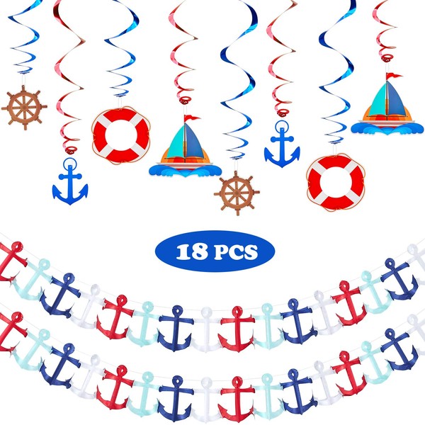 18 Pieces Nautical Birthday Party Decorations, Includes Nautical Garland Nautical Party Themed Hanging Banner and Nautical Hanging Swirl Supplies for First Birthday Boy Party Baby Shower