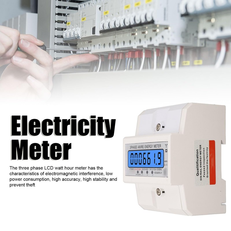 Digital Energy Meter, 3x127/220VAC Digital DIN Rail Electricity Meter Backlit
