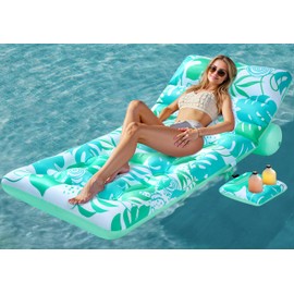 SLOOSH Adjustable Backrest Pool Floats - Tropical Leaves Pool Lounger Floaties Adults with Cup Holders, Inflatable Tanning Float Rafts Chair Beach Lake Lounge Floating Above Water Keep Cool (Cyan)