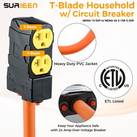 SURIEEN NEMA 10-50P to 4X 5-15R 5-20R T-Blade Household with Circuit Breaker, 1.5FT 3 Prong 220 to 110 Adapter Plug, 50 Amp Male Plug to 20 Amp Socket STW 10AWG/4C, 220/250V, ETL Listed