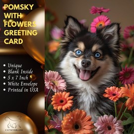 Pomsky with Flowers All Occasions Greeting Card - Dog with Flowers from Unique Dogs Party Delights Collection - Large 5x7 Inch - Blank Inside with A7 Invitation Style White Envelope