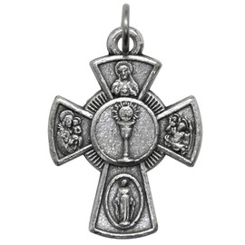 Four Way Cross Medal Pendant | Silver-Tone Metal with Embossed Symbols | First Holy Communion Chalice Center | Great Catholic Gift | Devotion to Jesus, Mary and the Saints