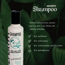Nefertiti Shampoo Vegano Sulfatos y Parabenos Vegan Maximum Nefertiti con Keratina Vegana, Macadamia y Aceites Vegetales Shampoo Vegetal sin Sal para el Cabello Seco y Dañado 300ml.