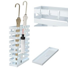 Umbrella Stands for Entryway Large Metal Umbrella Holder with Removable Water Tray and Hooks Decor Freestanding Rectangular Umbrella Hollow Rack for Home Office (White, 3.94 x 11.81 x 16.93 Inch)