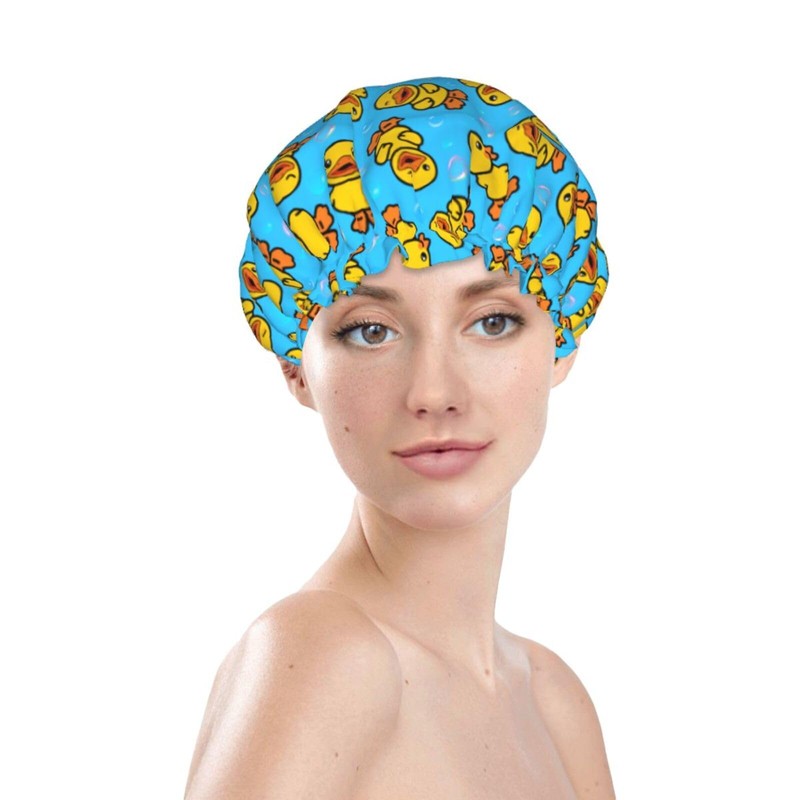Yellow Rubber Duck Shower Cap For Women Adjustable Double Waterproof