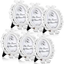 Vicenpal Vintage Picture Frame Antique Photo Baroque Place Card Holder Mini Beaded Resin Oval Table Top Display Christmas Holiday Decor (White, 6 Pieces)