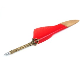 ANCLLO Quill Handcraft Feather Dip Pen Stem Metal Nib Pen Writing Quill with 5 Extra Nibs-Red