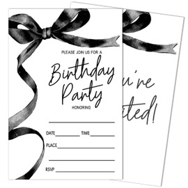 SIXEIGHT Black Bow Birthday Invitations, Black Ribbon Bow Birthday Party Invitations, 20 Party Invitations with Envelopes for Girls Boys, Birthday Party Favor & Decoration (4"x6")-A01