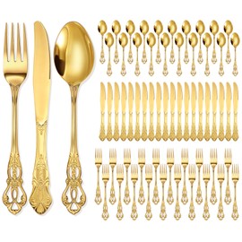 Dandat 60 Pieces Retro Royal Gold Silverware Set Gorgeous Stainless Steel Flatware Cutlery Service Include Fork Spoon Knife Vintage Hollow Relief Design for Home, Restaurant, Festival Parties (Large)