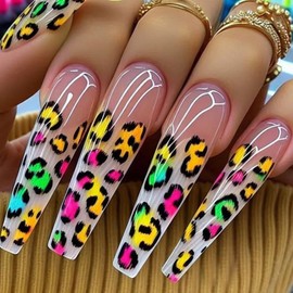 Colorful Leopard Print Press-On Nails Long Coffin False Nails Leopard Print French Design Cute Colored Glue-On Nails Full Cover Acrylic Nail Set for Women 24 Pieces