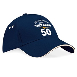 D Design Invent Print! 50th Birthday Gift Hat Baseball Cap for Men Women 50 Keepsake Present (Navy (Putty Trim))