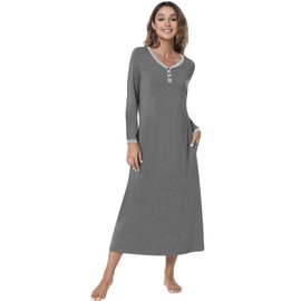 NACHILA Women's Nightgowns-Viscose Made from Bamboo, Long Sleeve Nightshirt Full Length Sleepshirt Soft Sleepwear with Pocket Dark Heather Grey/Heather Grey XX-Large