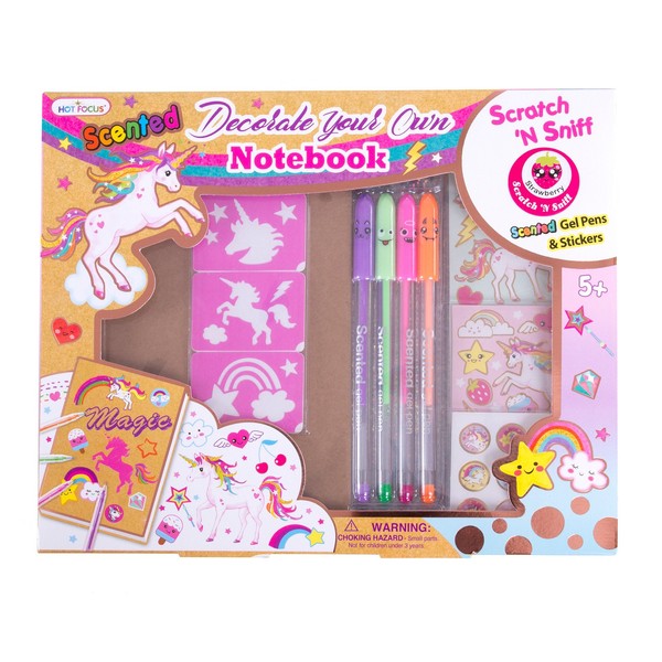 Hot Focus DIY Unicorn Notebook Kit - Decorate Your Own Journal Diary with 4 Scented Gel Pens, Scratch ‘N Sniff Unicorn Stickers and Stencils