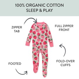 HonestBaby Non-slip Footed Pajamas One-piece Sleeper Zip-front Pjs 100% Organic Cotton for Baby Girls, Strawberry Slice, 24 Months