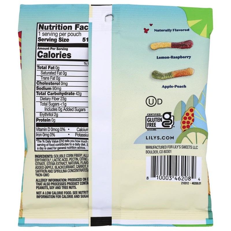 LILY'S Sour Gummy Worms 1.8oz Pack of 12 No Sugar