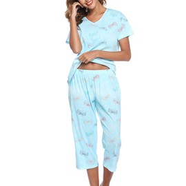 ENJOYNIGHT Womens Pajama Sets Cotton Pj Set Short Sleeve Top With Capri Pants Sleepwear 2 Piece Lounge Set(X-Large, Blue Butterfly)