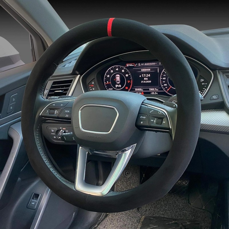 Carodi High Quality Suede Steering Wheel Cover Black Red Luxury