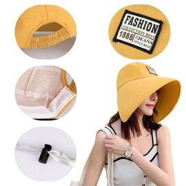 haozaikeji Women Wide Brim Visor Hat UV Protection Sun Hat Beach Shawl Cap Foldable Fishing Camping Cap with Ponytail Hole Yellow