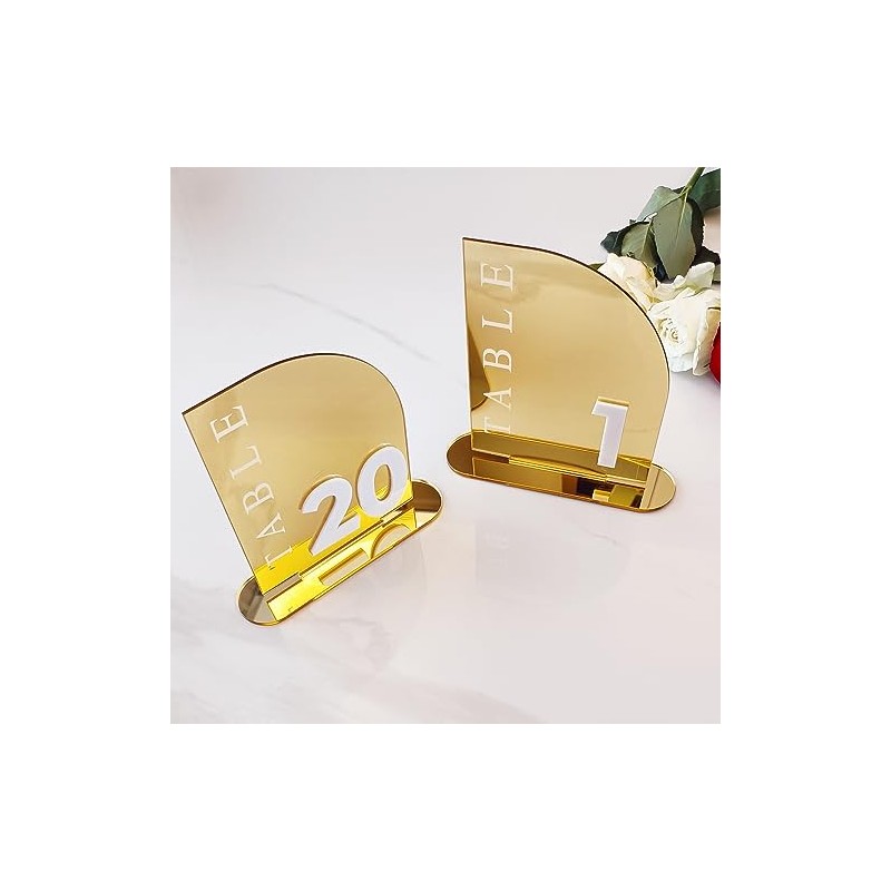 Números de mesa acrílico con espejo semiarqueado dorado para bodas