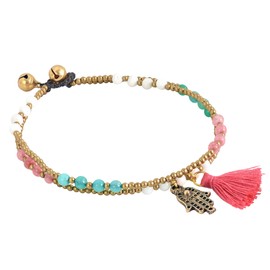 AeraVida Stylish Hamsa Hand & Red Tassel with Colored Glass & Brass Beads Link Anklet | Anklet Chain for Women | Hamsa Hand Anklet | Anklet Jewelry for Women