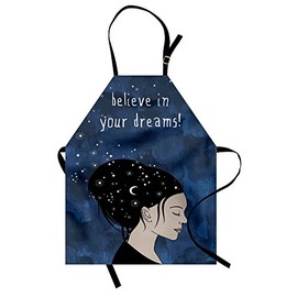 Ambesonne Wording Apron, Portrait of Woman with Dark Hair and Moon Stars Dream Believer Words Feminine Art, Small Apron Bib with Adjustable Ties for Baking Painting, Small Size, Blue