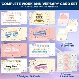 Decorably 24 Pack 6x4in Happy Work Anniversary Cards for Employees with Envelopes and Stickers, 8 Confetti Designs Employee Anniversary Cards, Blank Inside - Office