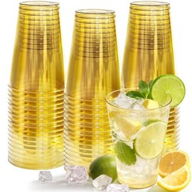 12 oz Plastic Cups Disposable Gold Clear Plastic Cups Cocktail Glasses 50 Pack Drinking Disposable Cups for Party,New Year,Birthday, Wedding, Graduation